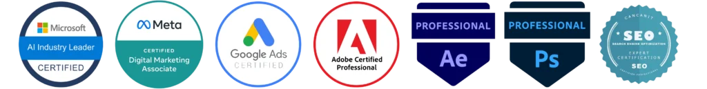 Certifications: Microsoft AI Industry Leader, Meta Certified Digital Marketing Associate, Google Ads, Adobe Certified Professional, After Effects and Photoshop Professional, SEO Expert