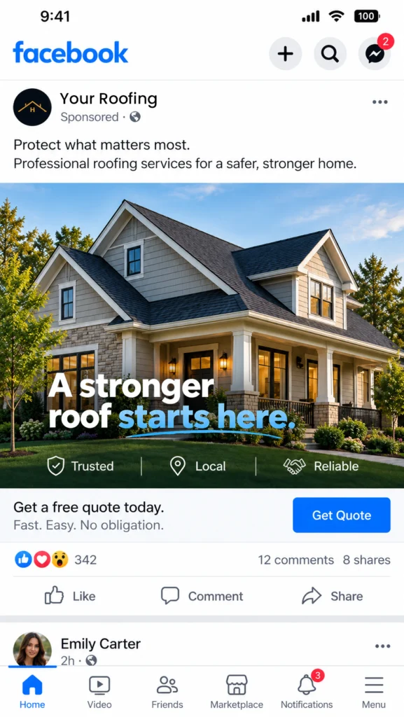 Example Facebook ad for a roofing company