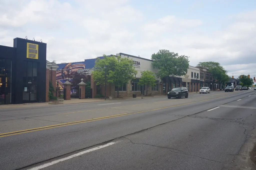 Storefronts and restaurants along Michigan Avenue in west downtown Dearborn