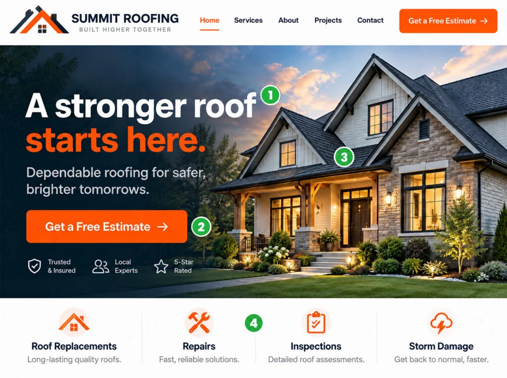 Website layout showing a clear message, proof and a call to action