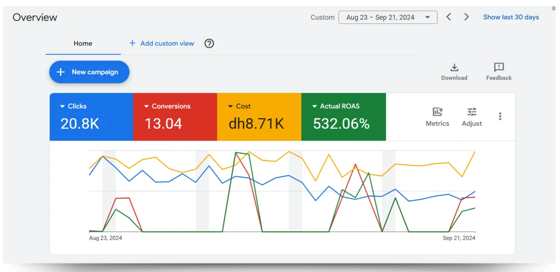 Google Ads overview before optimisation: 20.8K clicks, 13.04 conversions and 532.06 percent return on ad spend