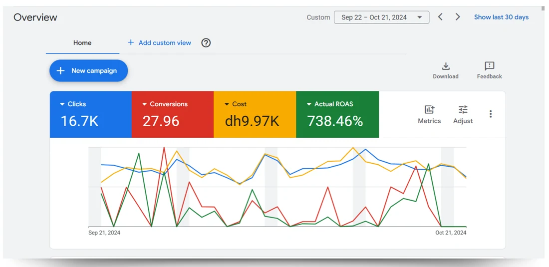 Google Ads overview after optimisation: 16.7K clicks, 27.96 conversions and 738.46 percent return on ad spend