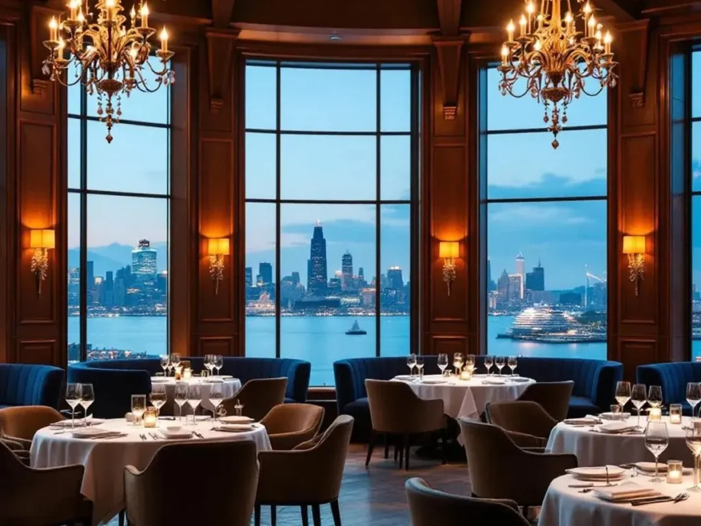 Elegant restaurant dining room with chandeliers and tall windows overlooking a city skyline