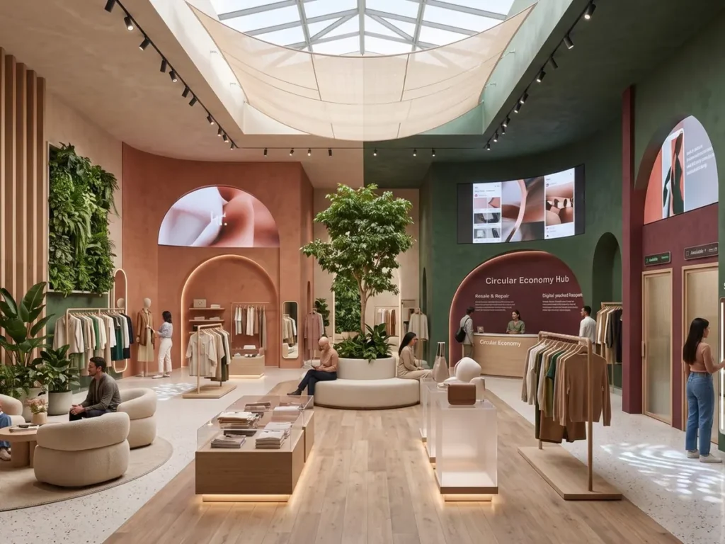 A bright, modern boutique interior with clothing rails and seating