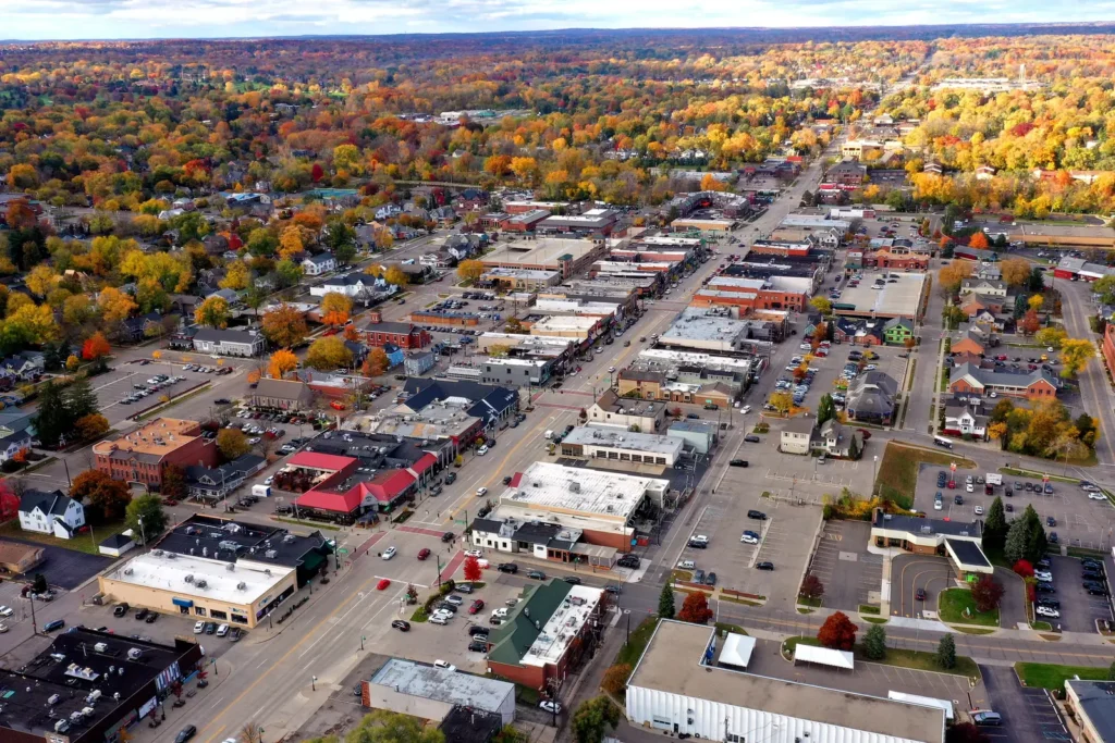 Aerial view of Main Street in downtown Rochester, Michigan, in autumn