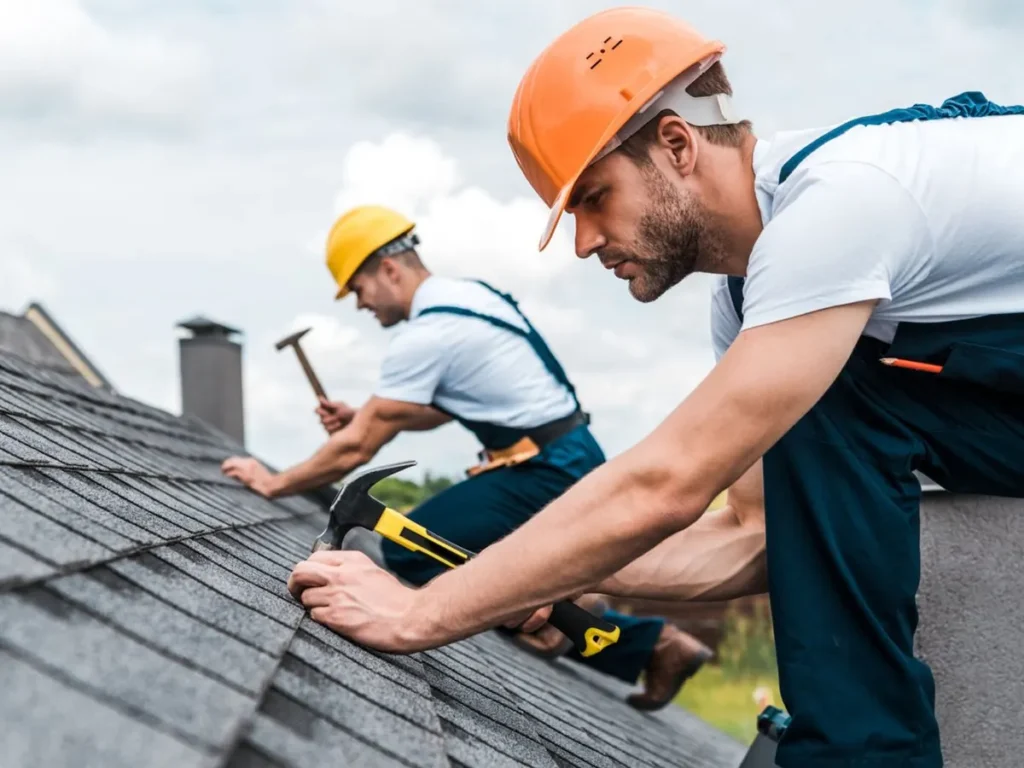 Two roofers in orange and yellow hard hats nailing asphalt shingles on a pitched roof